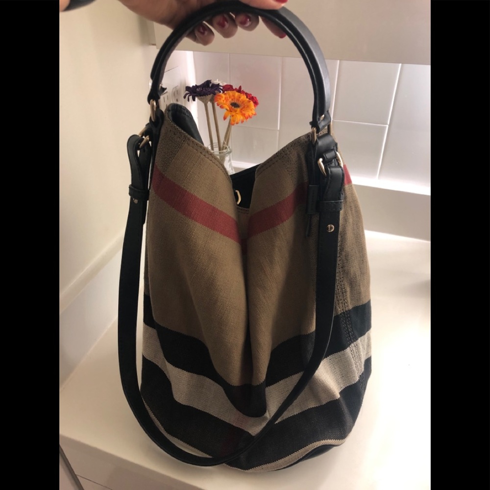 Burberry Plaid Leather Canvas Shoulder Bucket Bag
